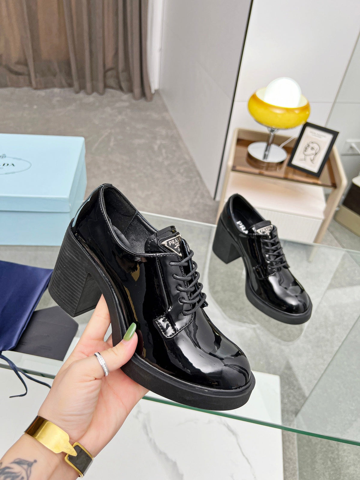 Prada 26S Lace-Up Block Heel Oxfords Black Patent Leather 147122