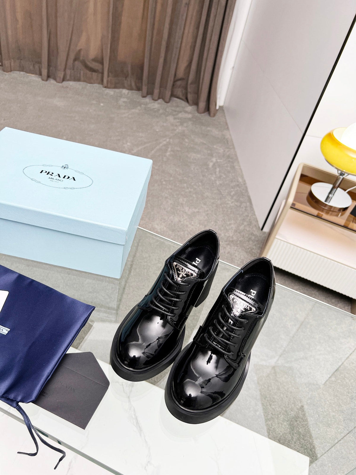 Prada 26S Lace-Up Block Heel Oxfords Black Patent Leather 147122