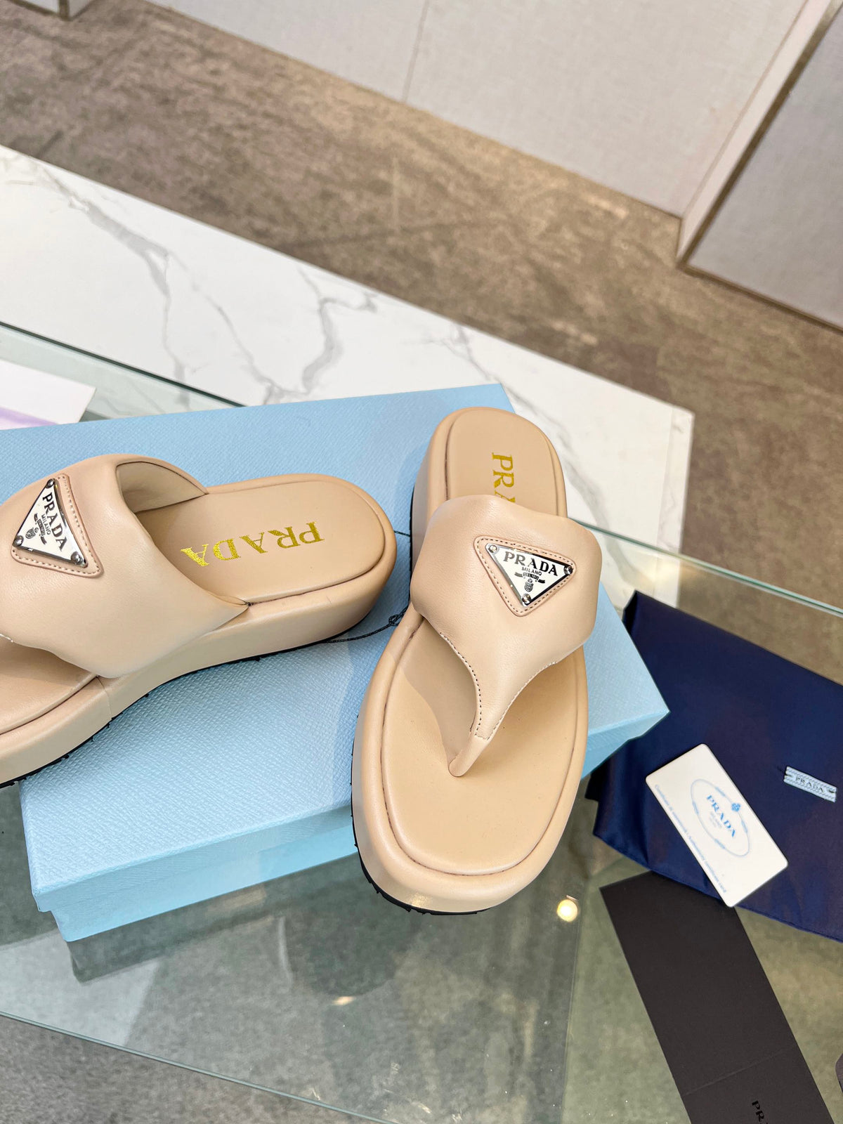 Prada 26s Platform Thong Sandals Beige Leather 140399
