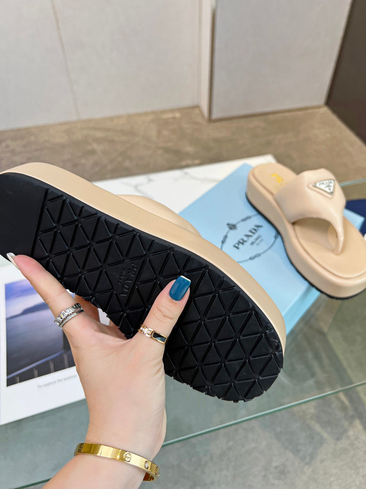Prada 26s Platform Thong Sandals Beige Leather 140399