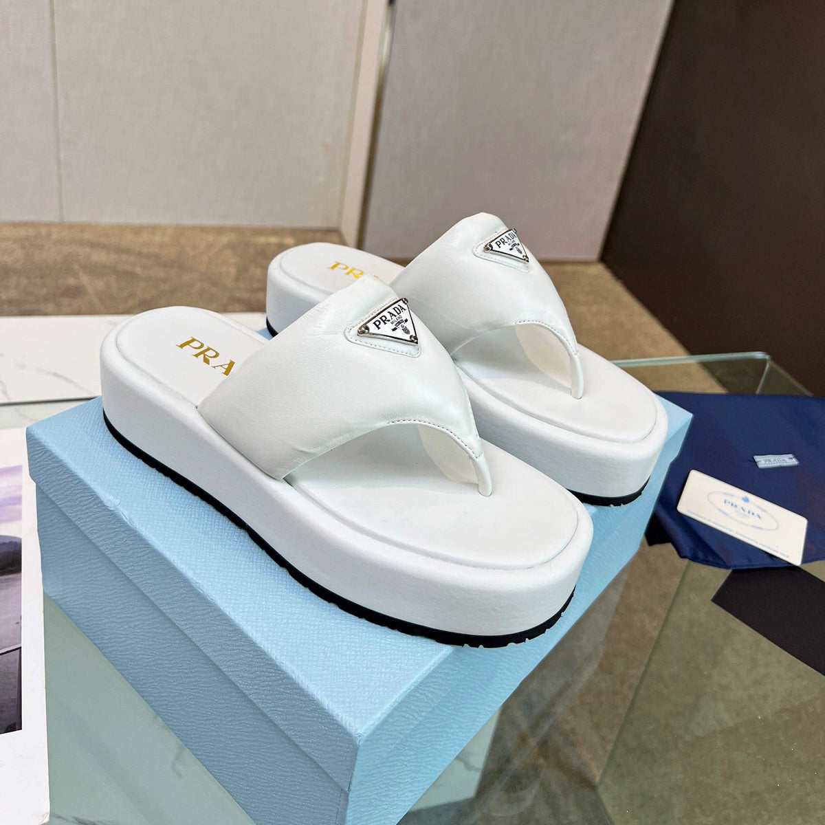 Prada 26s Platform Thong Sandals White Leather 140400