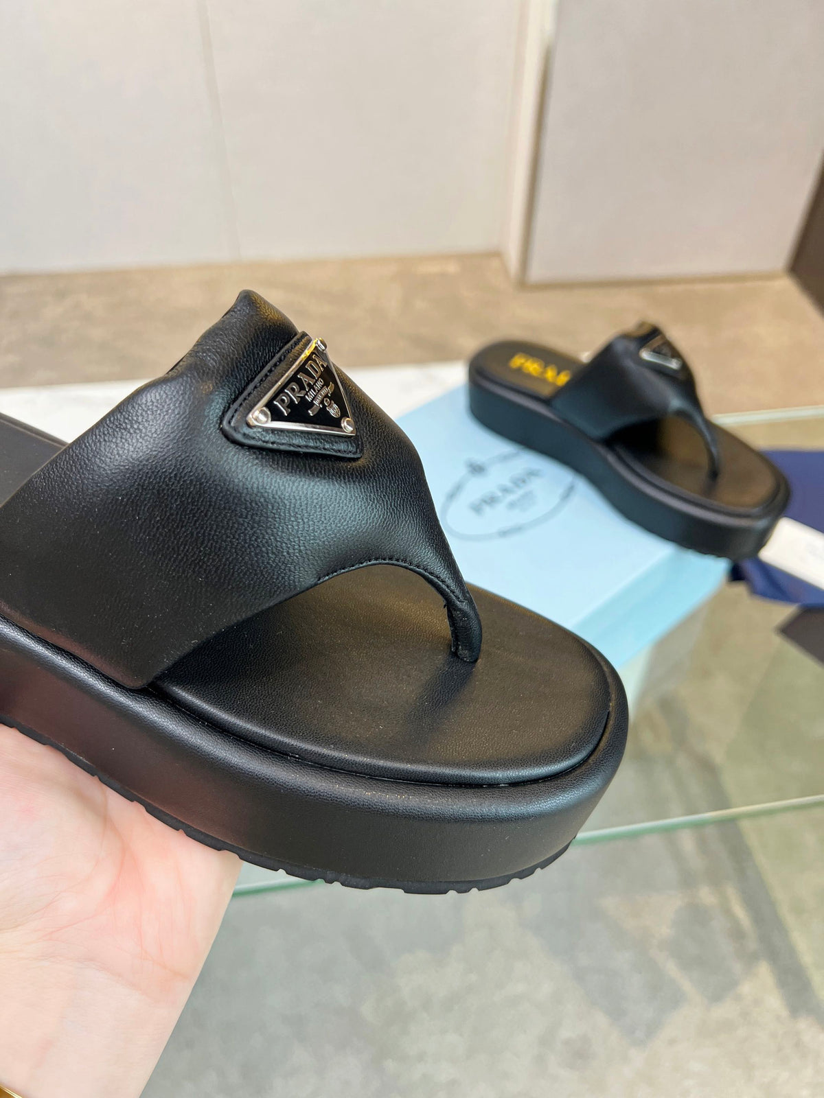 Prada 26s Platform Thong Sandals Black Leather 140401