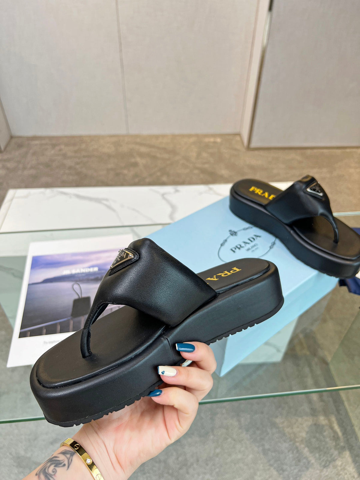 Prada 26s Platform Thong Sandals Black Leather 140401