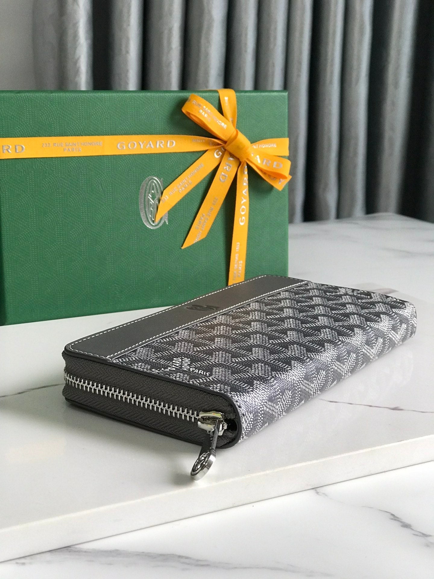 Goyard Matignon GM Wallet 20cm Grey Canvas & Calfskin