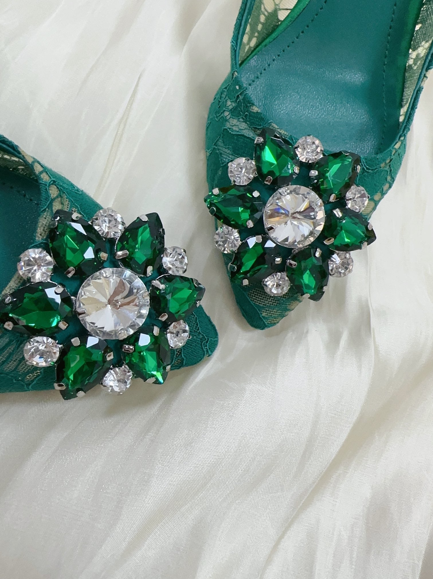 DC Floral Crystal Pumps Deep Blue-Green Genuine Leather & Lace 324774