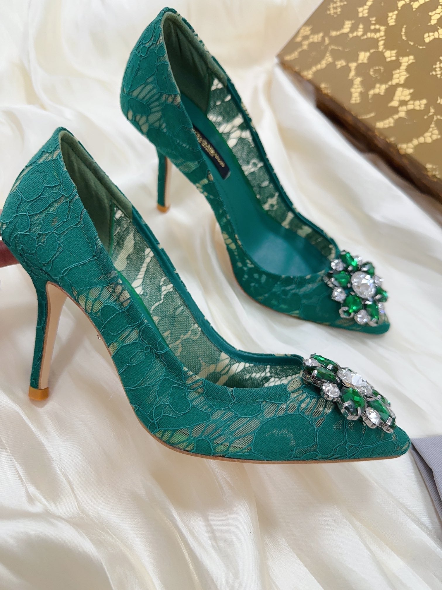 DC Floral Crystal Pumps Deep Blue-Green Genuine Leather & Lace 324774
