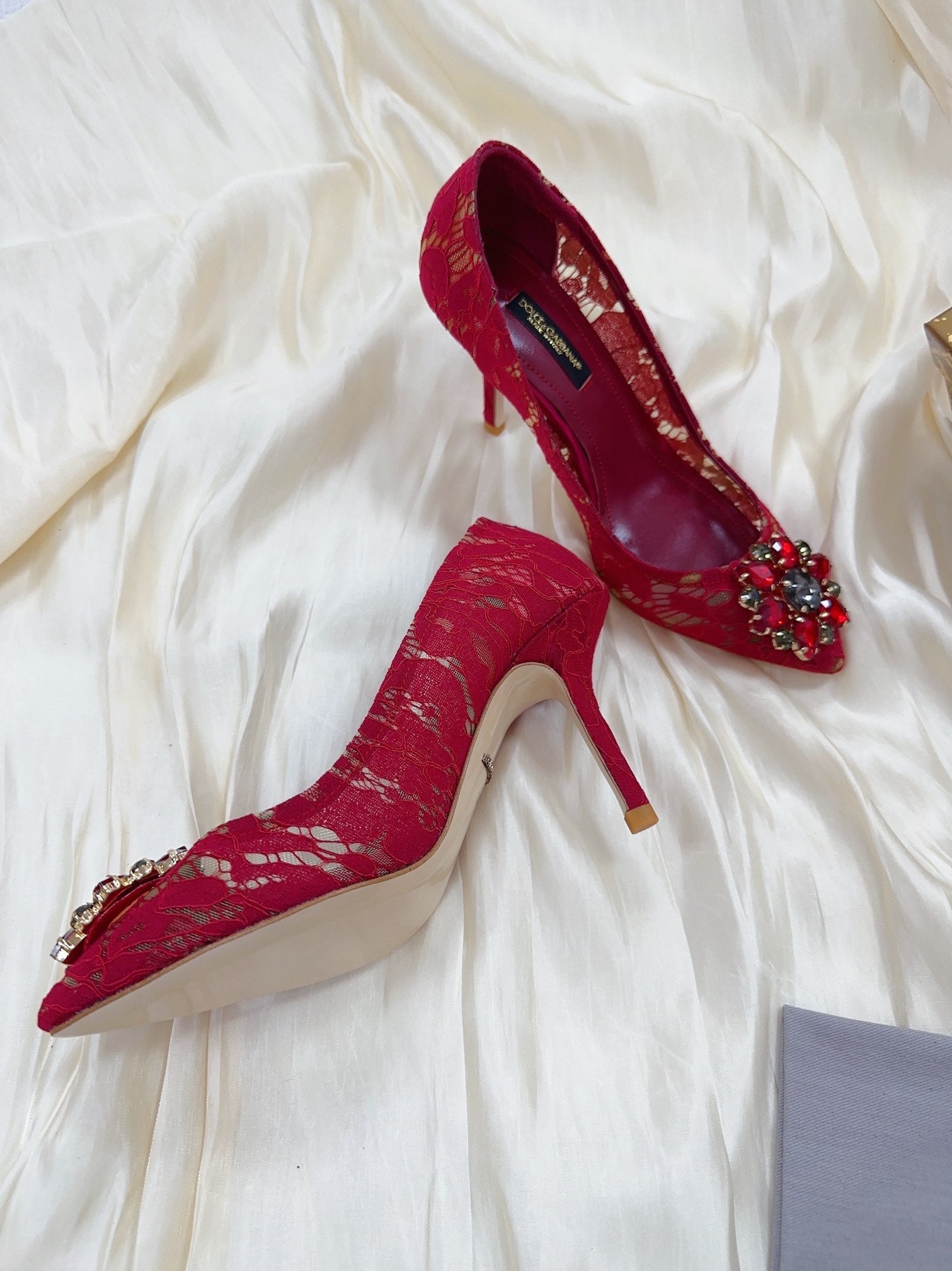 DC Floral Crystal Pumps Red Genuine Leather & Lace 324771