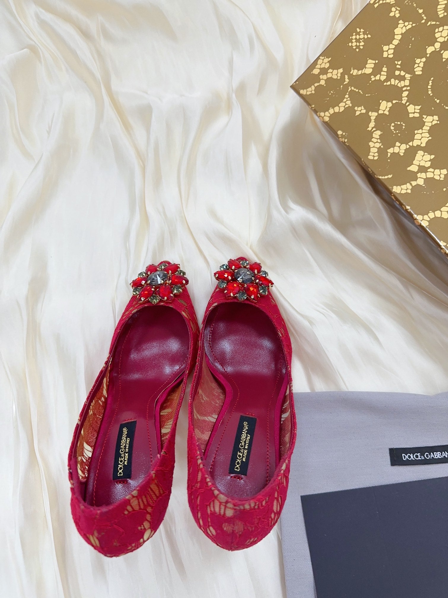 DC Floral Crystal Pumps Red Genuine Leather & Lace 324771