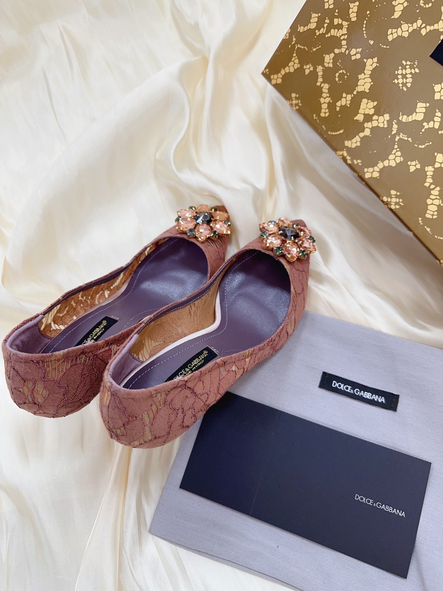 DC Floral Crystal Pumps Muted Red-Brown Genuine Leather & Lace 324773