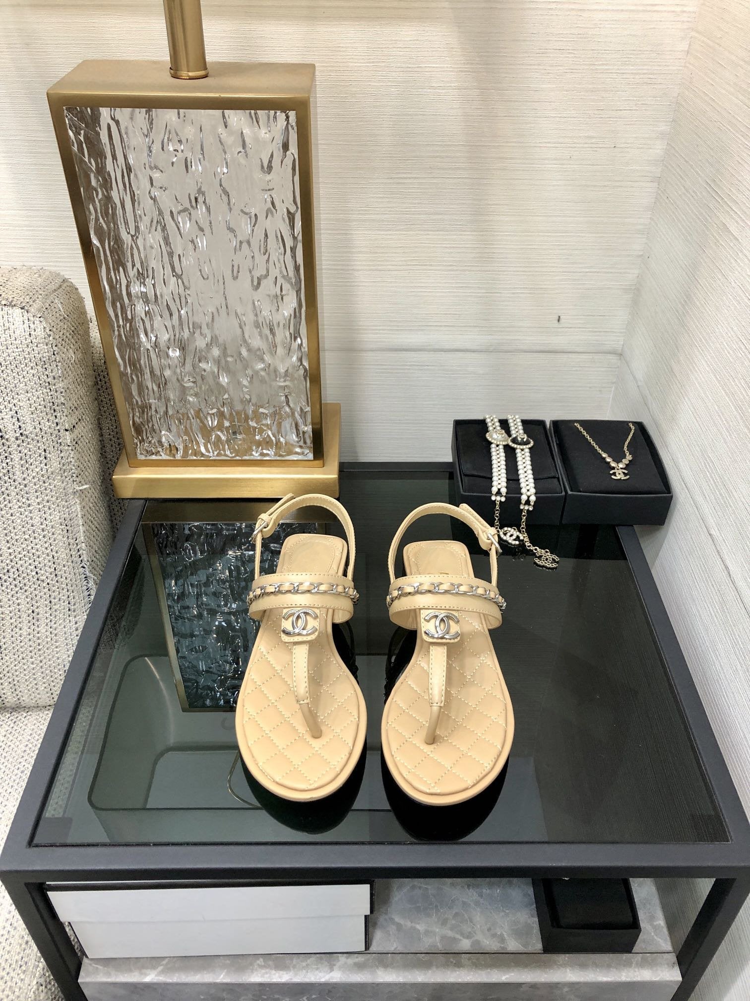 cc sandal beige quilted lambskin