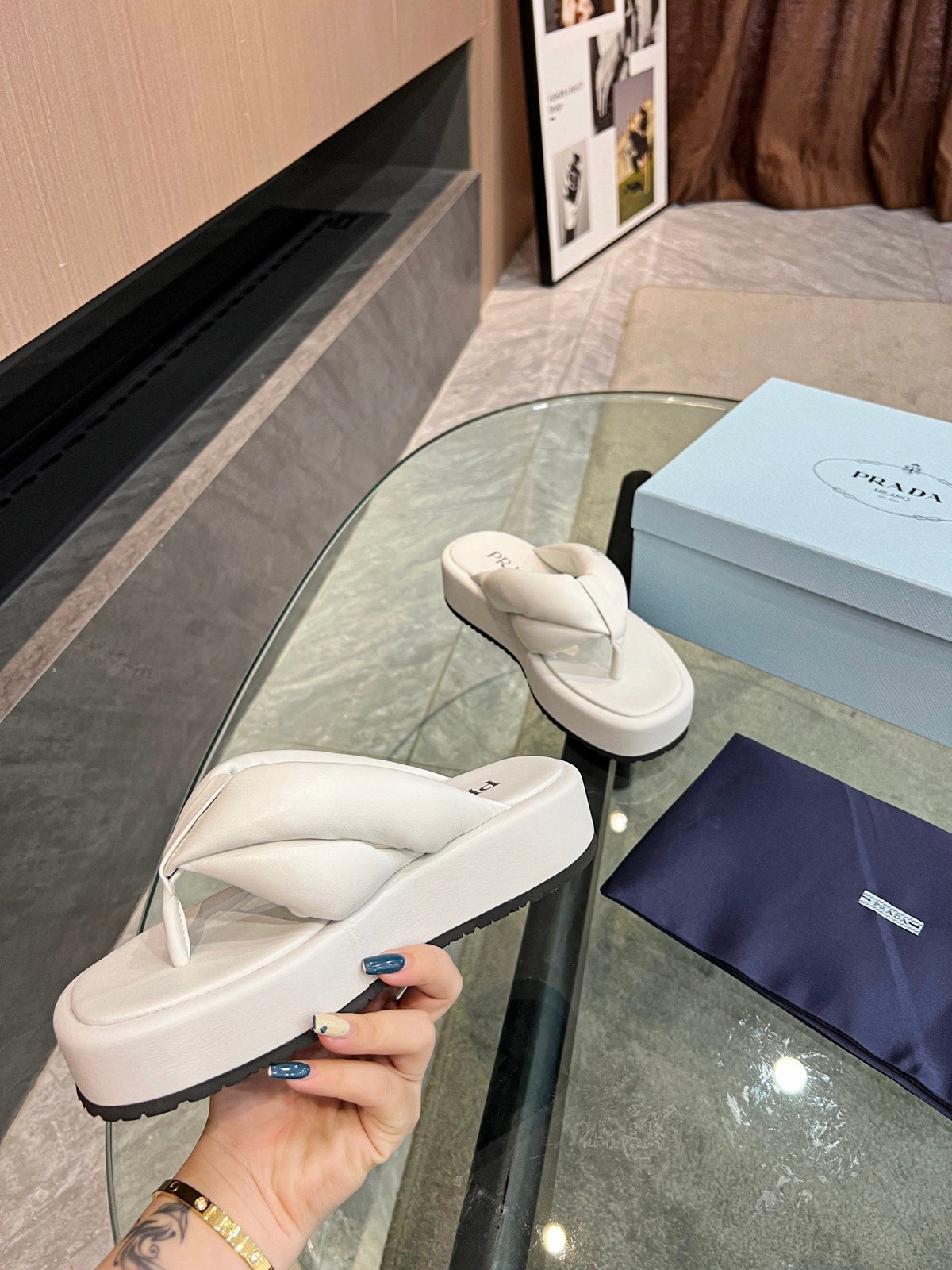 Prada 26s Platform Thong Sandals White Leather 140403