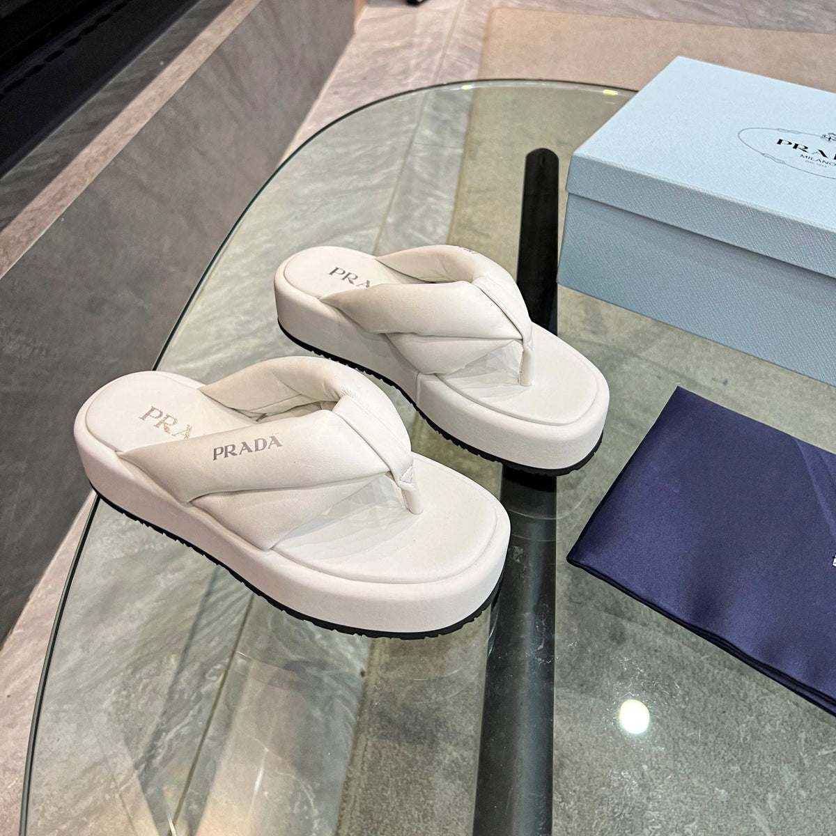 Prada 26s Platform Thong Sandals White Leather 140403