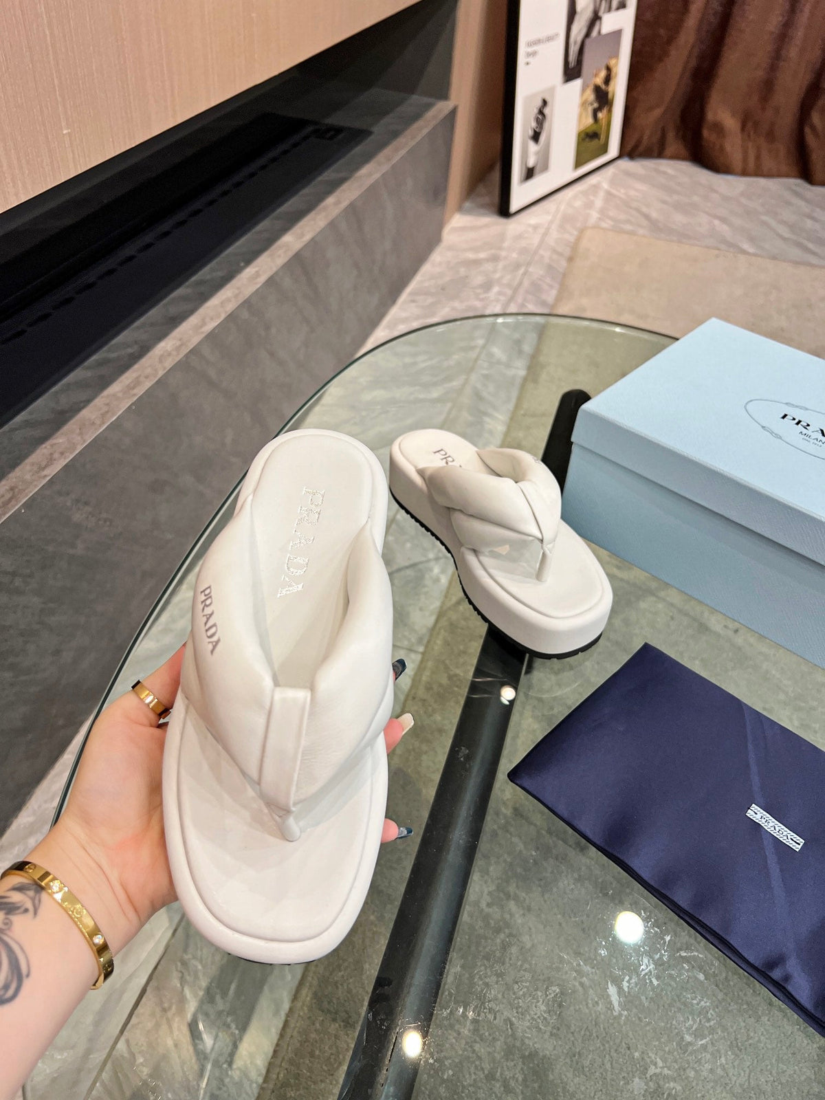 Prada 26s Platform Thong Sandals White Leather 140403