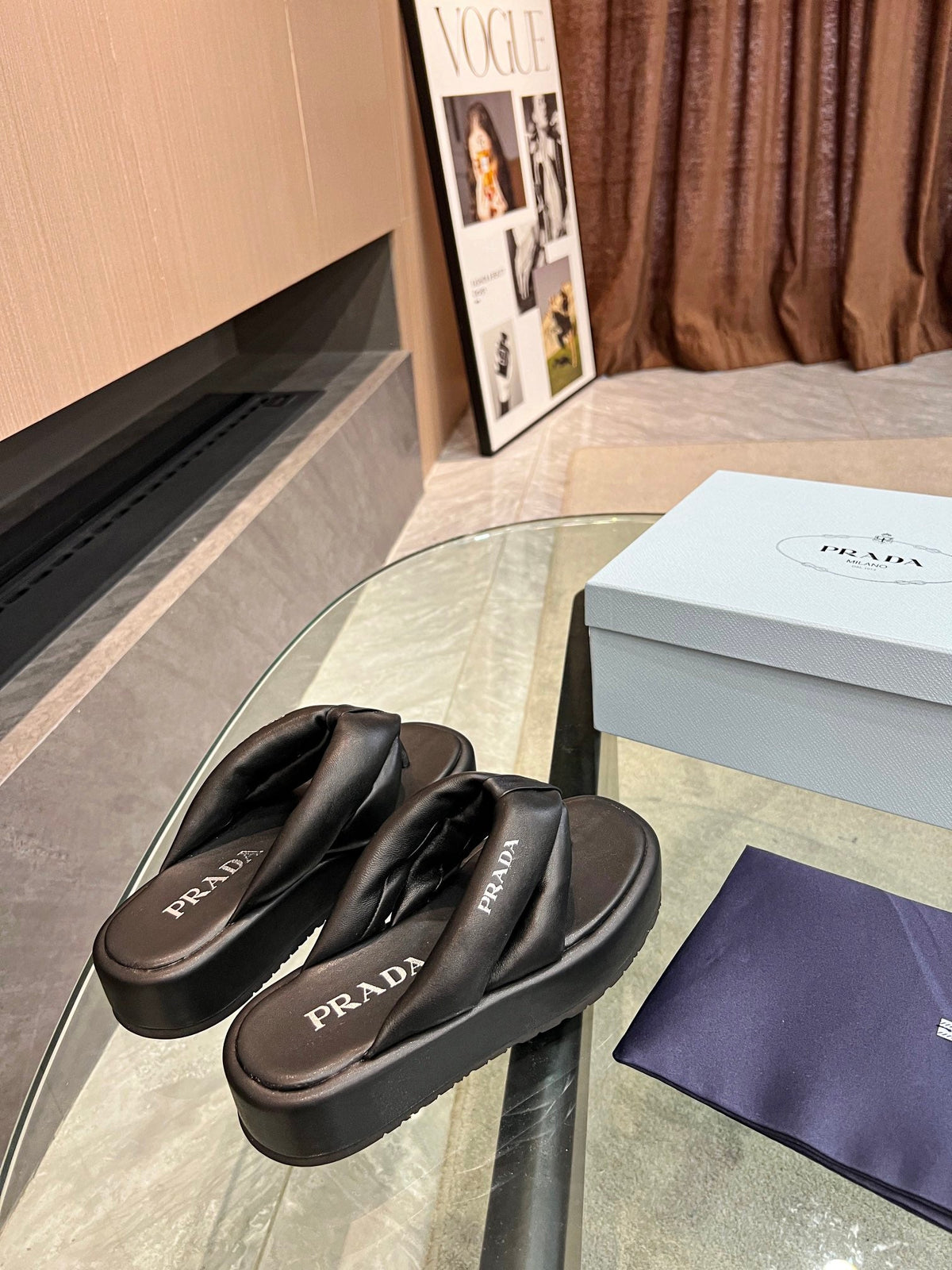 Prada 26s Platform Thong Sandals Black Leather 140404
