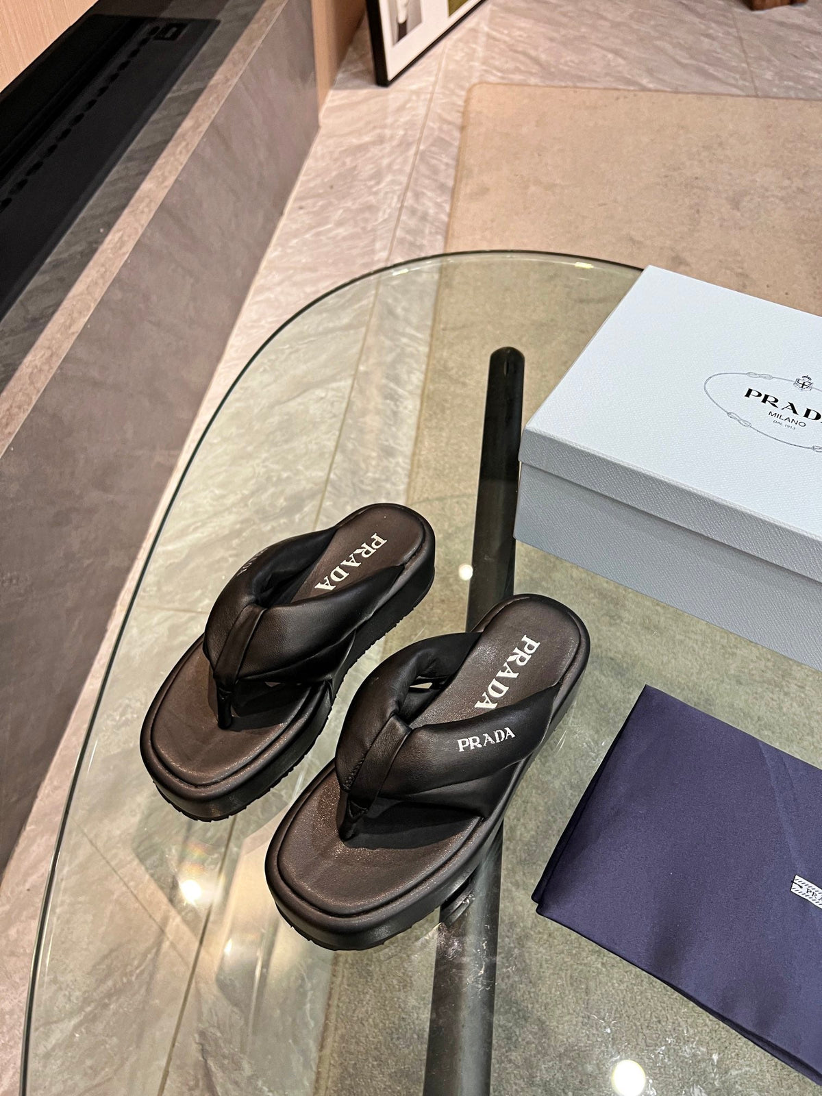 Prada 26s Platform Thong Sandals Black Leather 140404