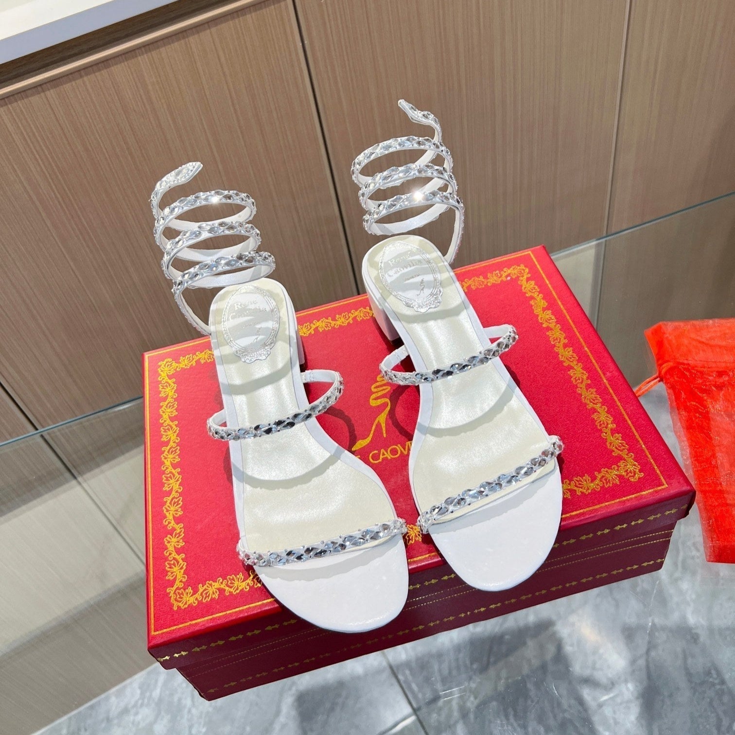 RC Diamond Sandals White Silk Creole Glass Diamond 341982