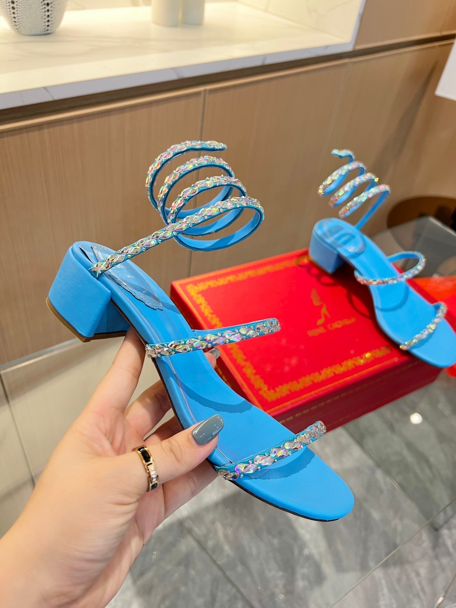 RC Diamond Sandals Blue Silk Creole Glass Diamond 341986