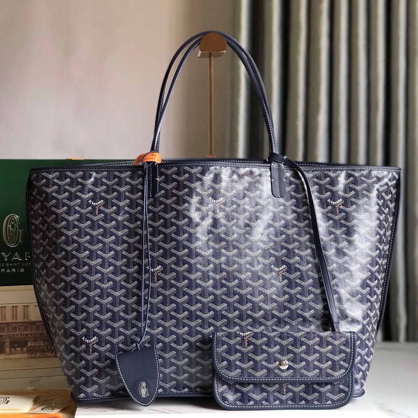 Goyard Anjou GM Bag 39cm Dark Blue Calfskin Goyardine Canvas 290819