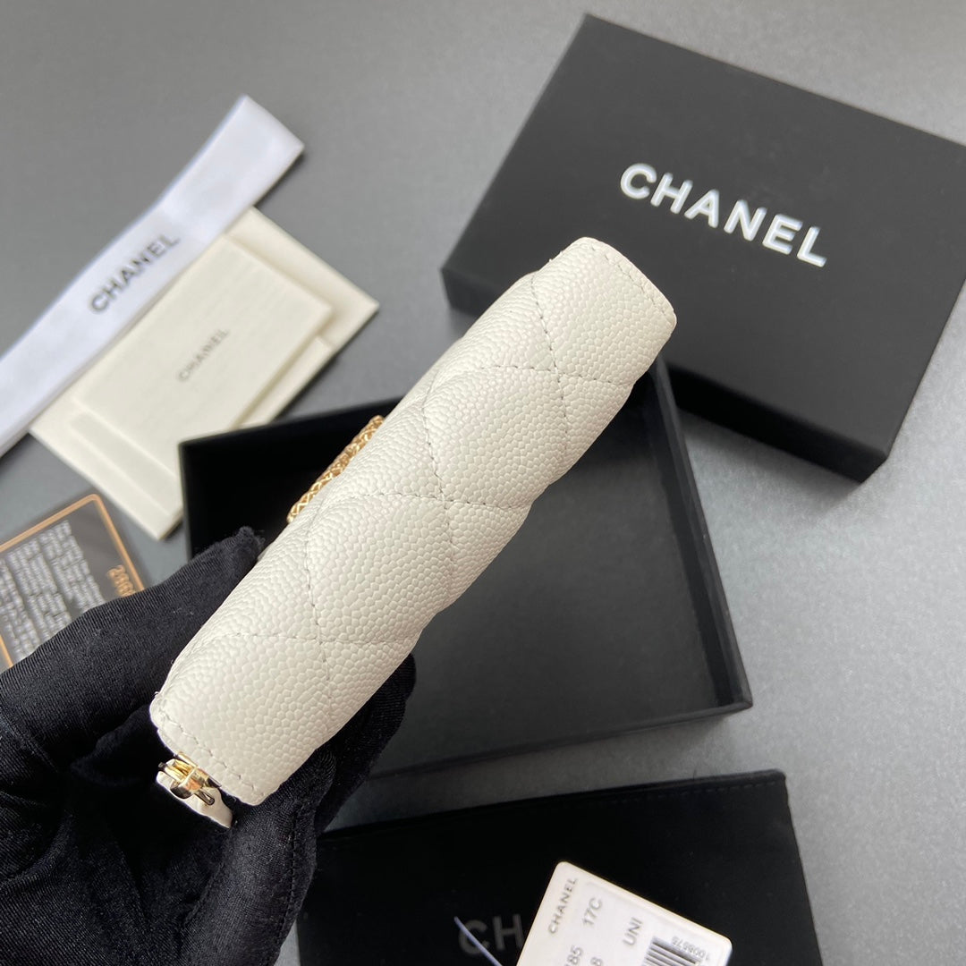 CC A3185 Zipper Coin Purse White Caviar GHW 193265