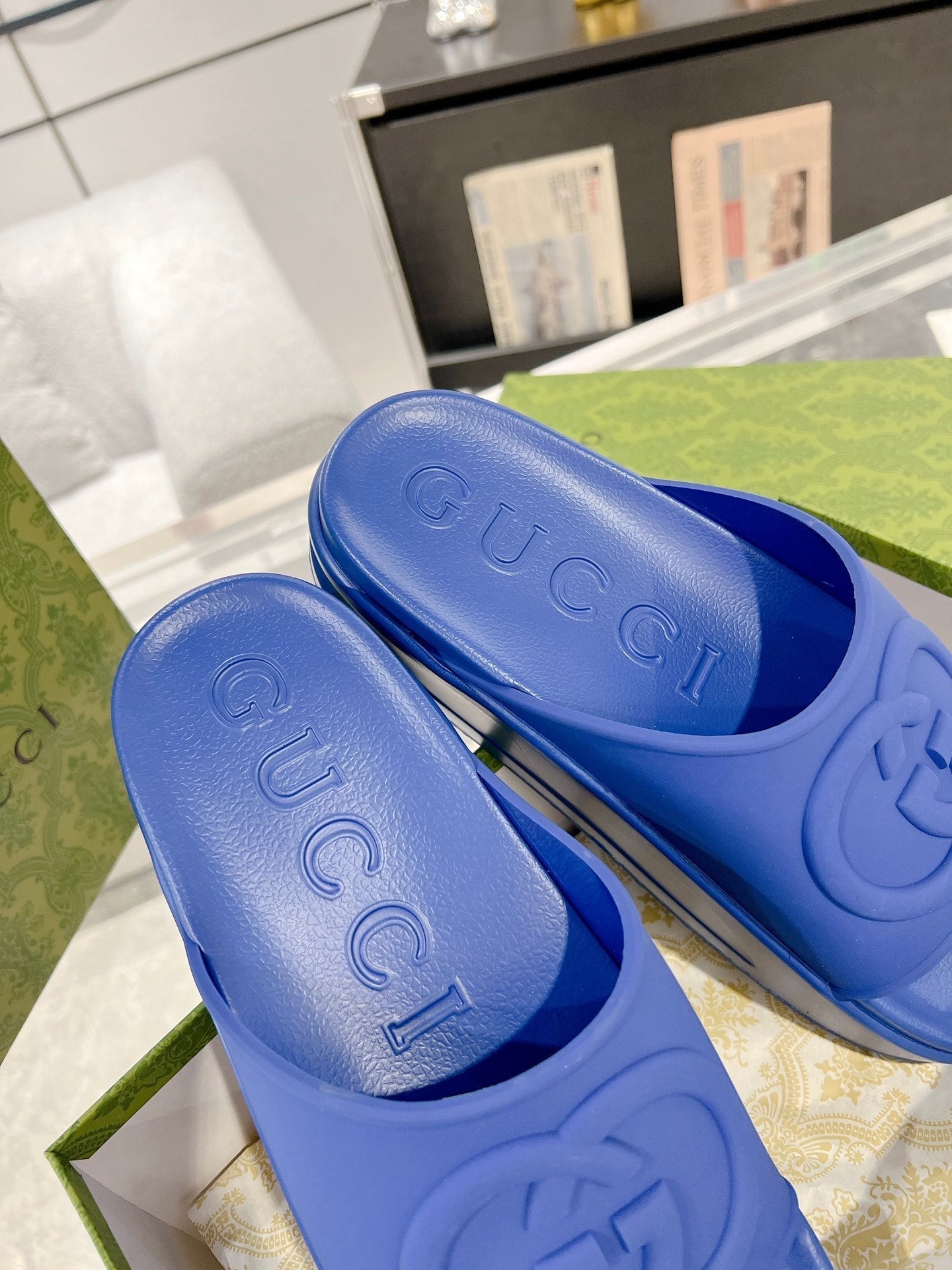 GC 25 Interlocking G 50mm Slide Sandal Blue Cowhide 292383