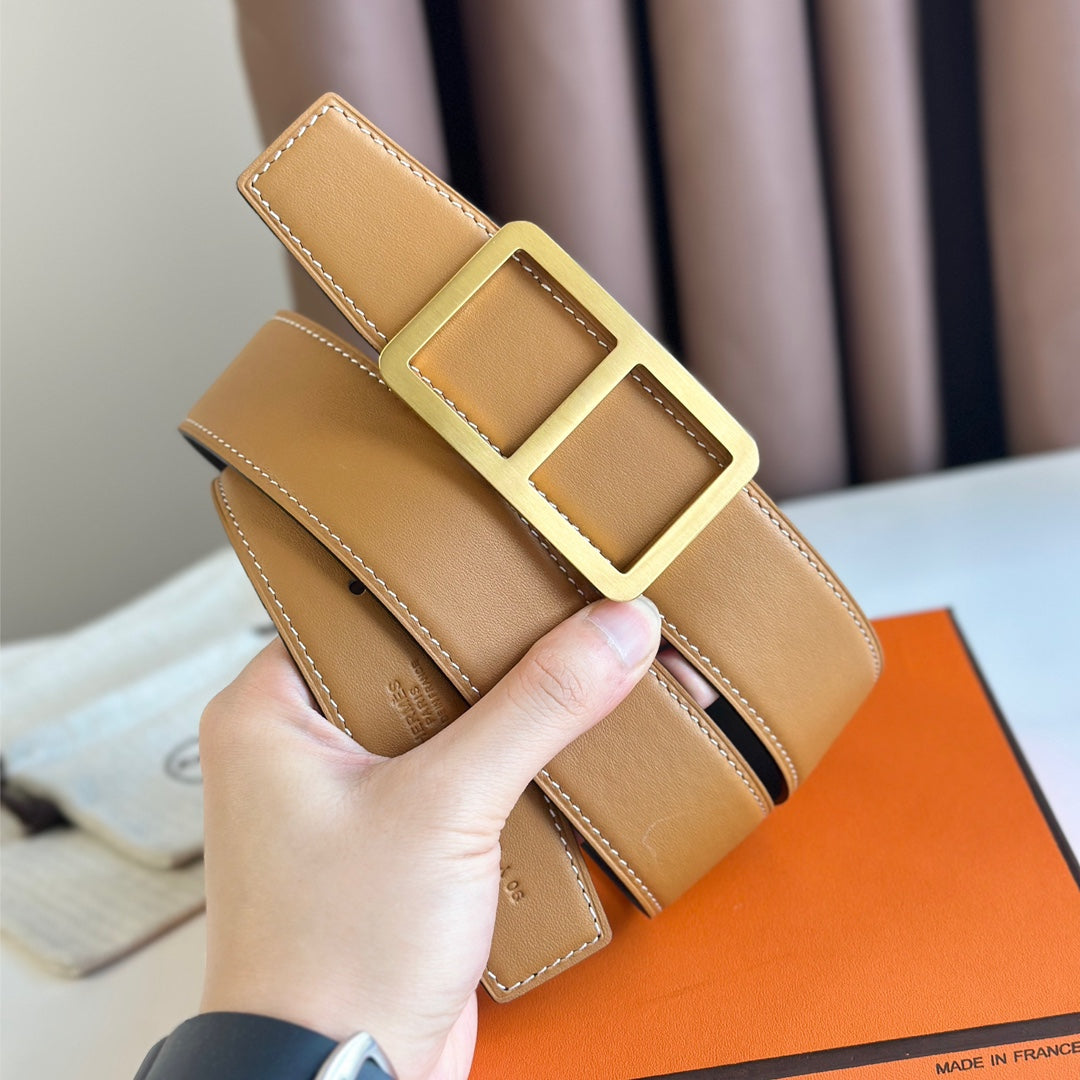 HM BELT BUCKLE & REVERSIBLE ORANGE PASTEL AND BLACK LEATHER STRAP 38MM GOLD HARDWARE