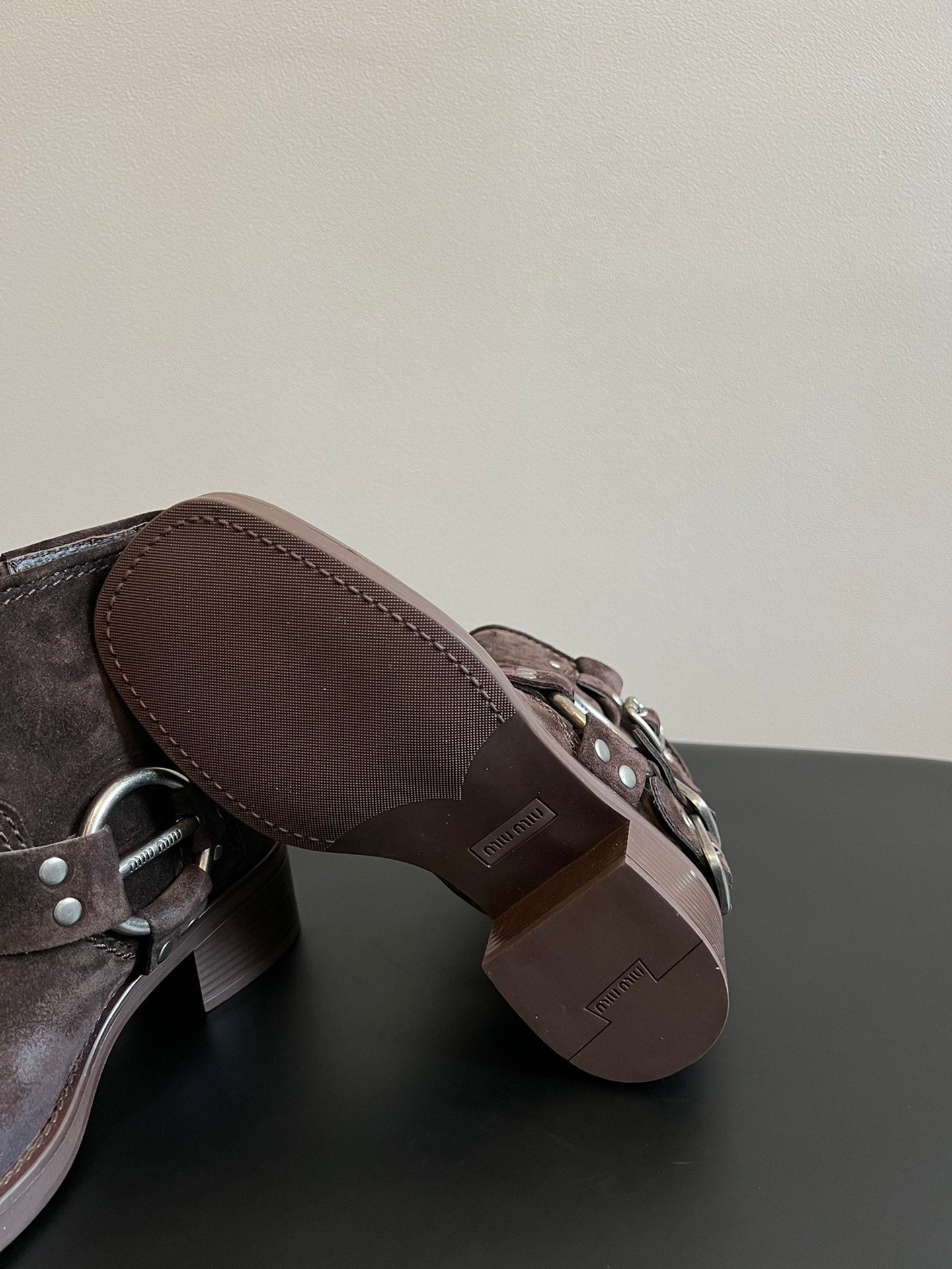 Miu 26s Ankle Boots In Dark Brown Suede Silver Hardware