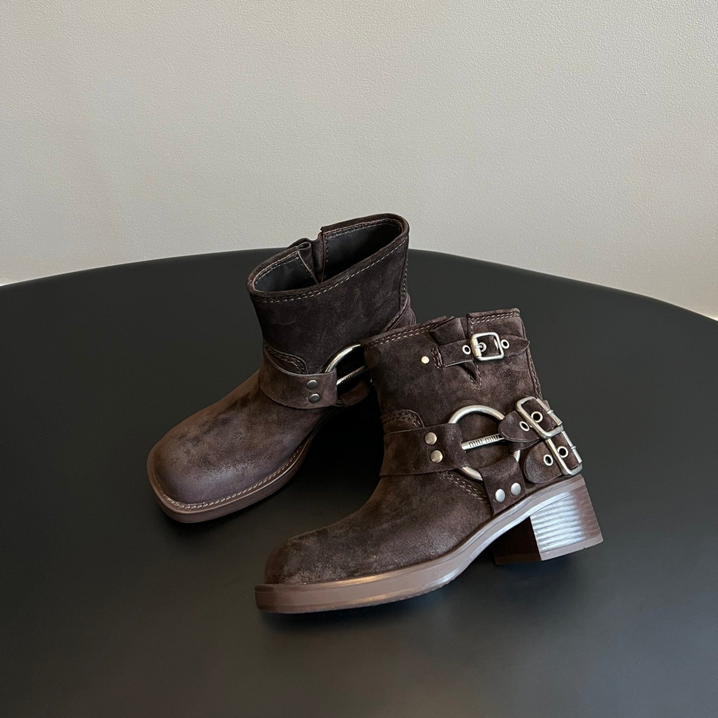 Miu 26s Ankle Boots In Dark Brown Suede Silver Hardware