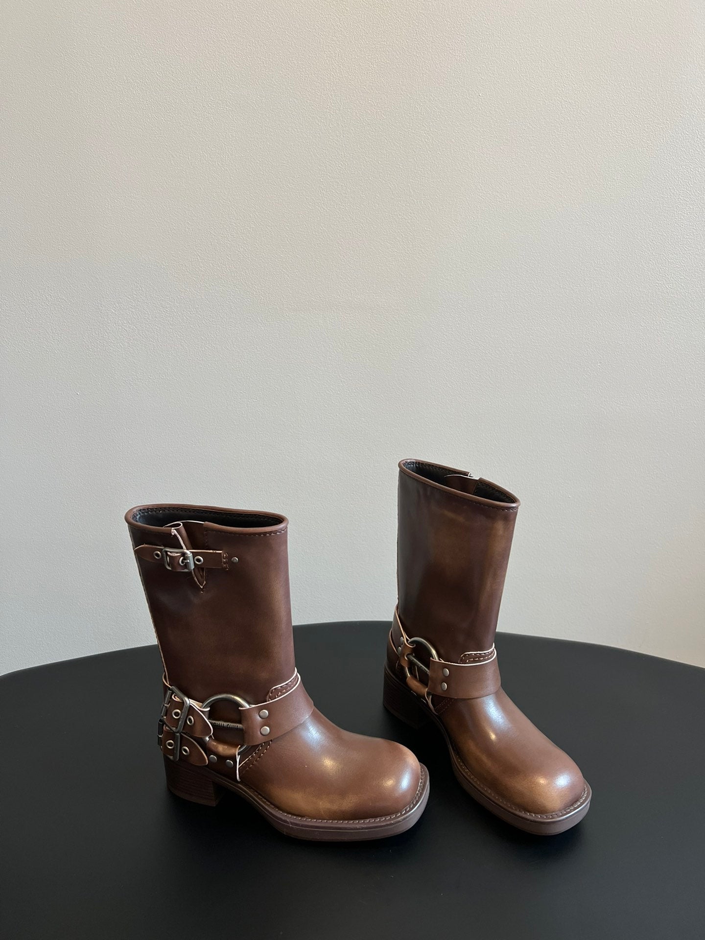 Miu 26s Mid-Calf Boots In Brown Calfskin Silver Hardware