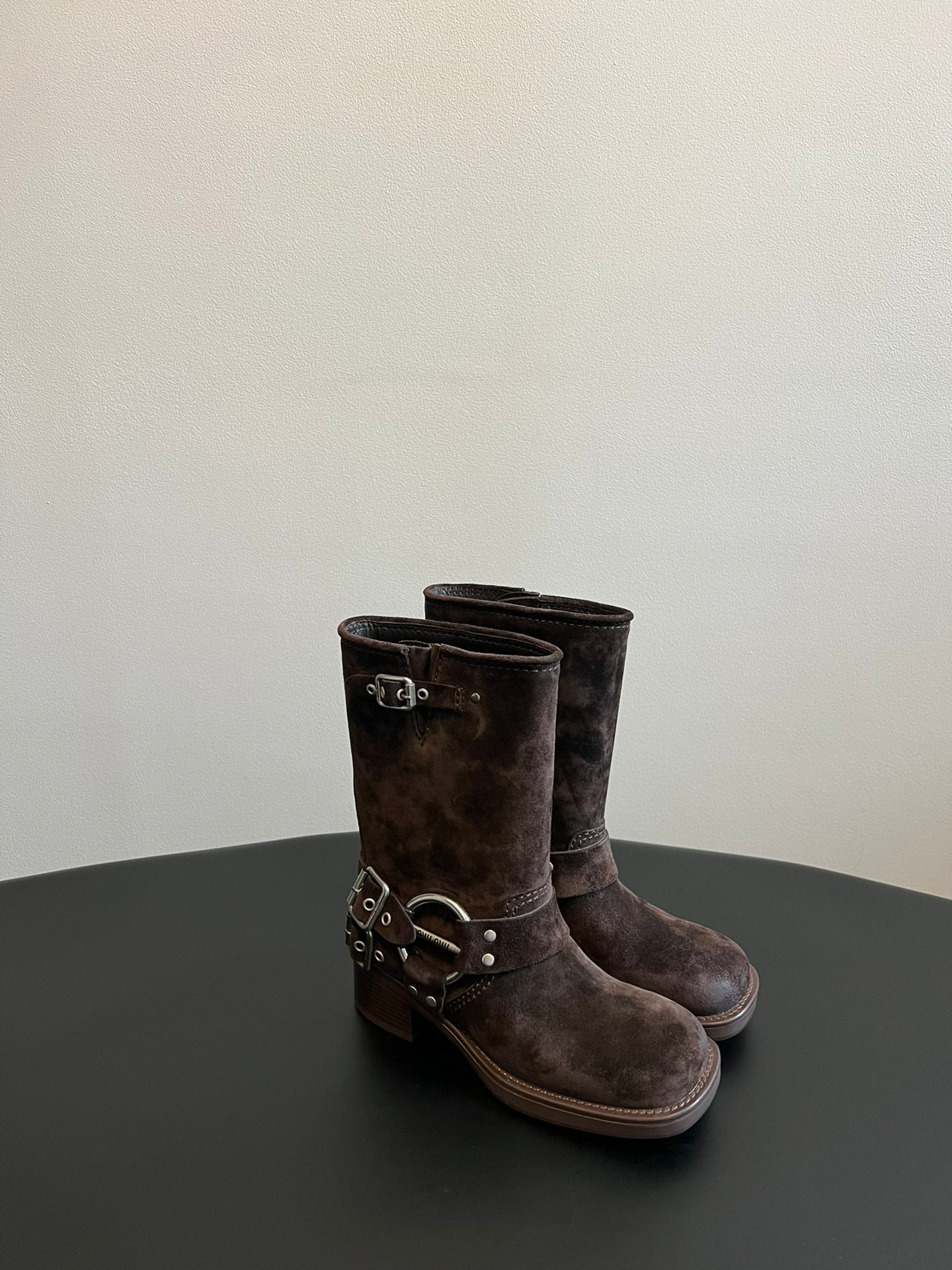 Miu 26s Mid-Calf Boots In Dark Brown Suede Silver Hardware