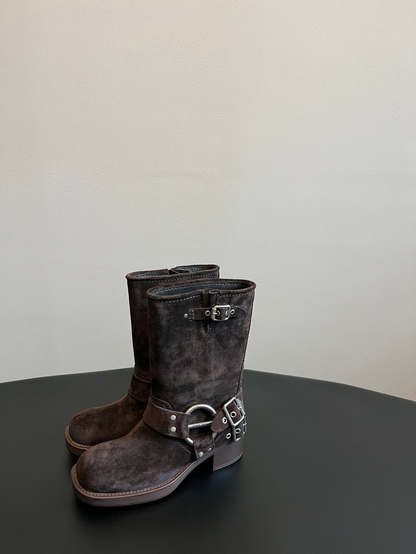 Miu 26s Mid-Calf Boots In Dark Brown Suede Silver Hardware