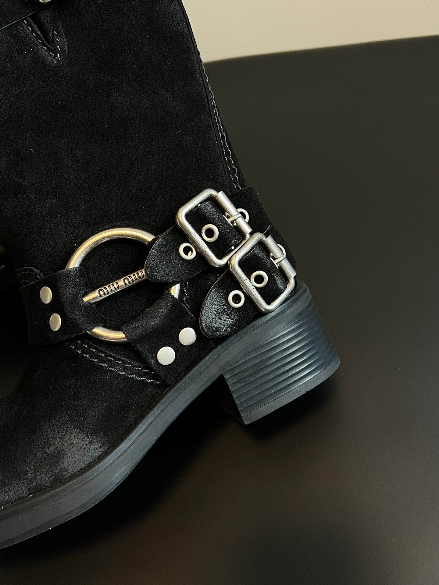 Miu 26s Mid-Calf Boots In Black Suede Silver Hardware