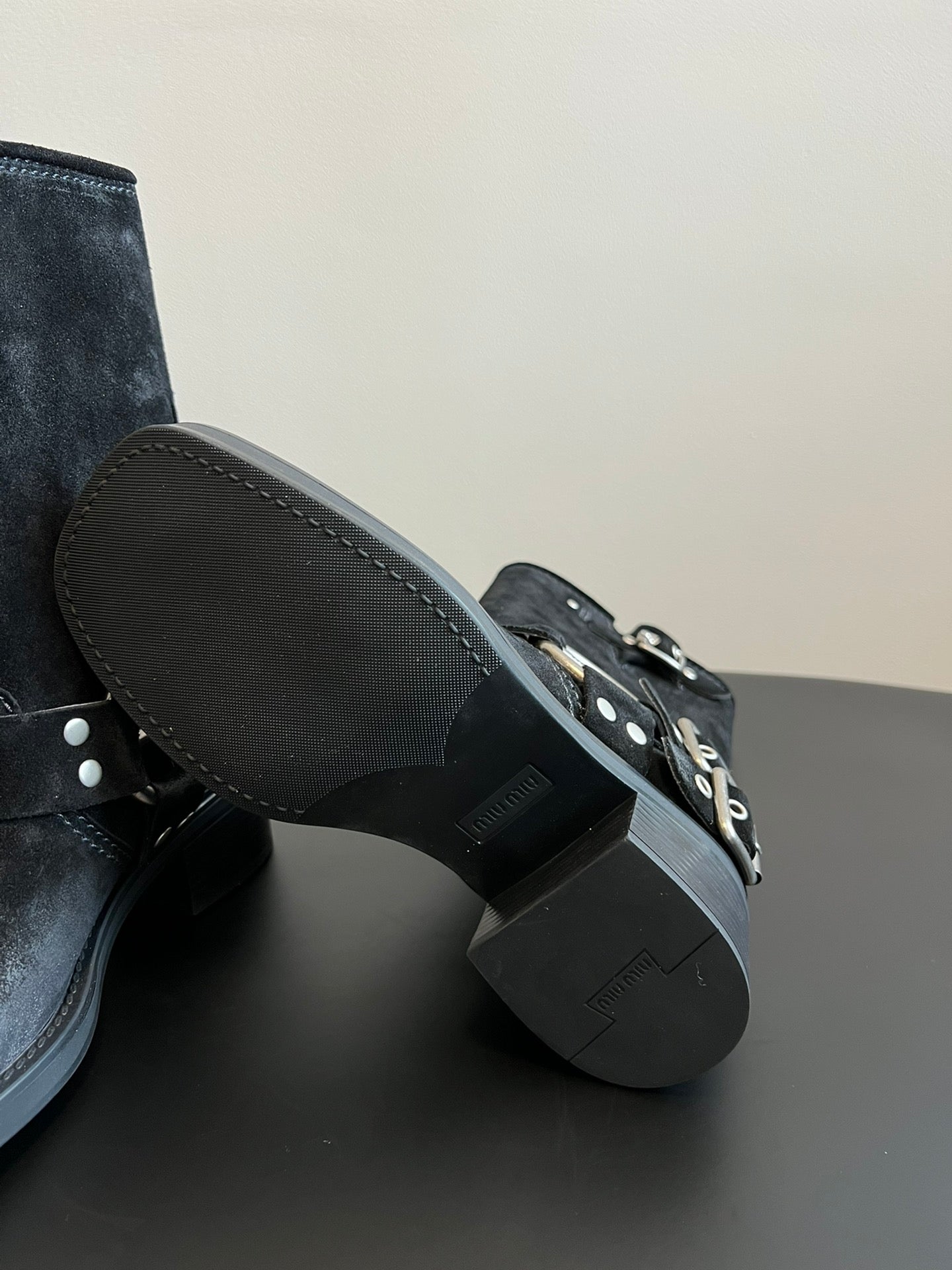 Miu 26s Mid-Calf Boots In Black Suede Silver Hardware
