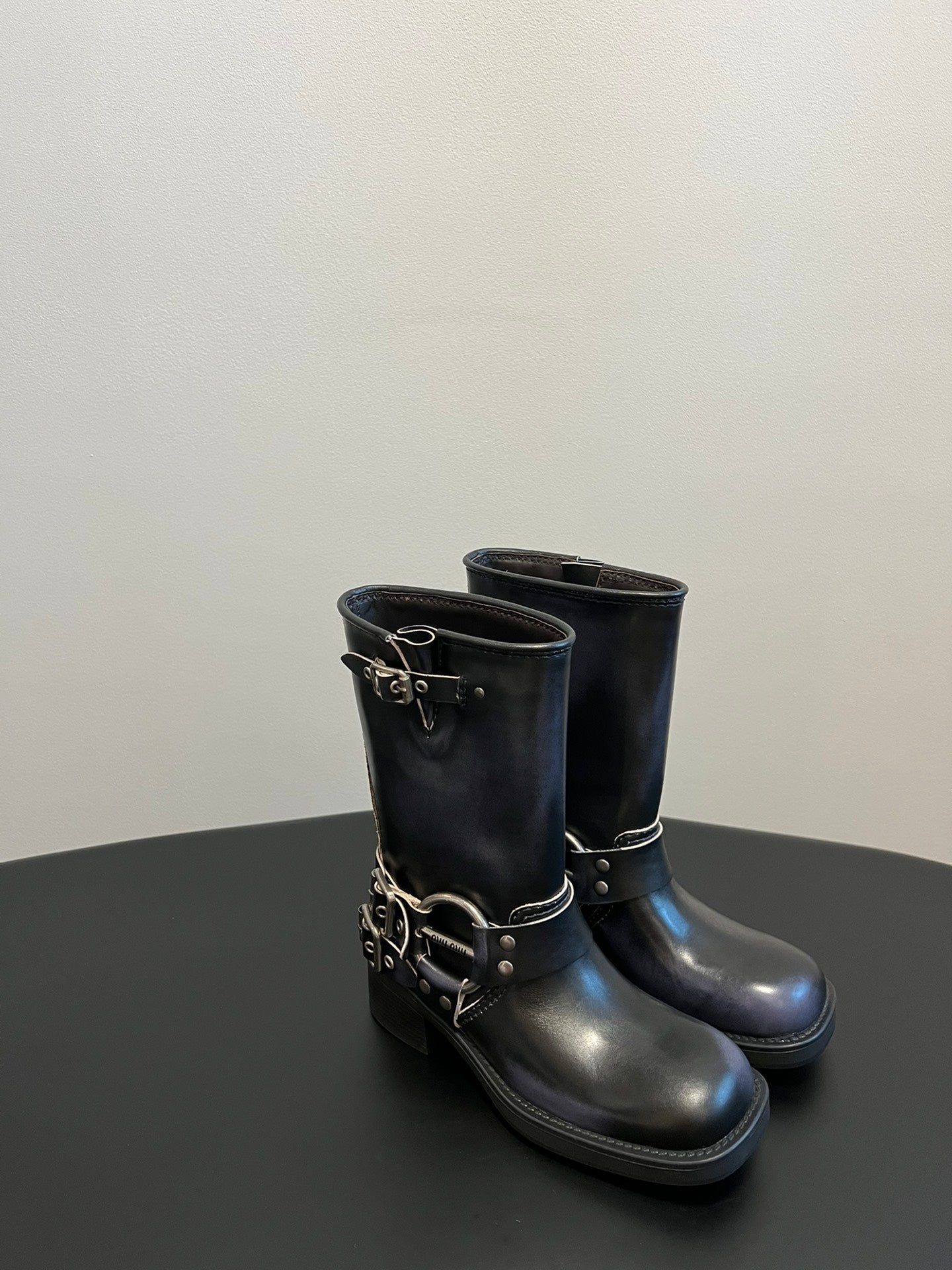 Miu 26s Mid-Calf Boots In Black Calfskin Silver Hardware