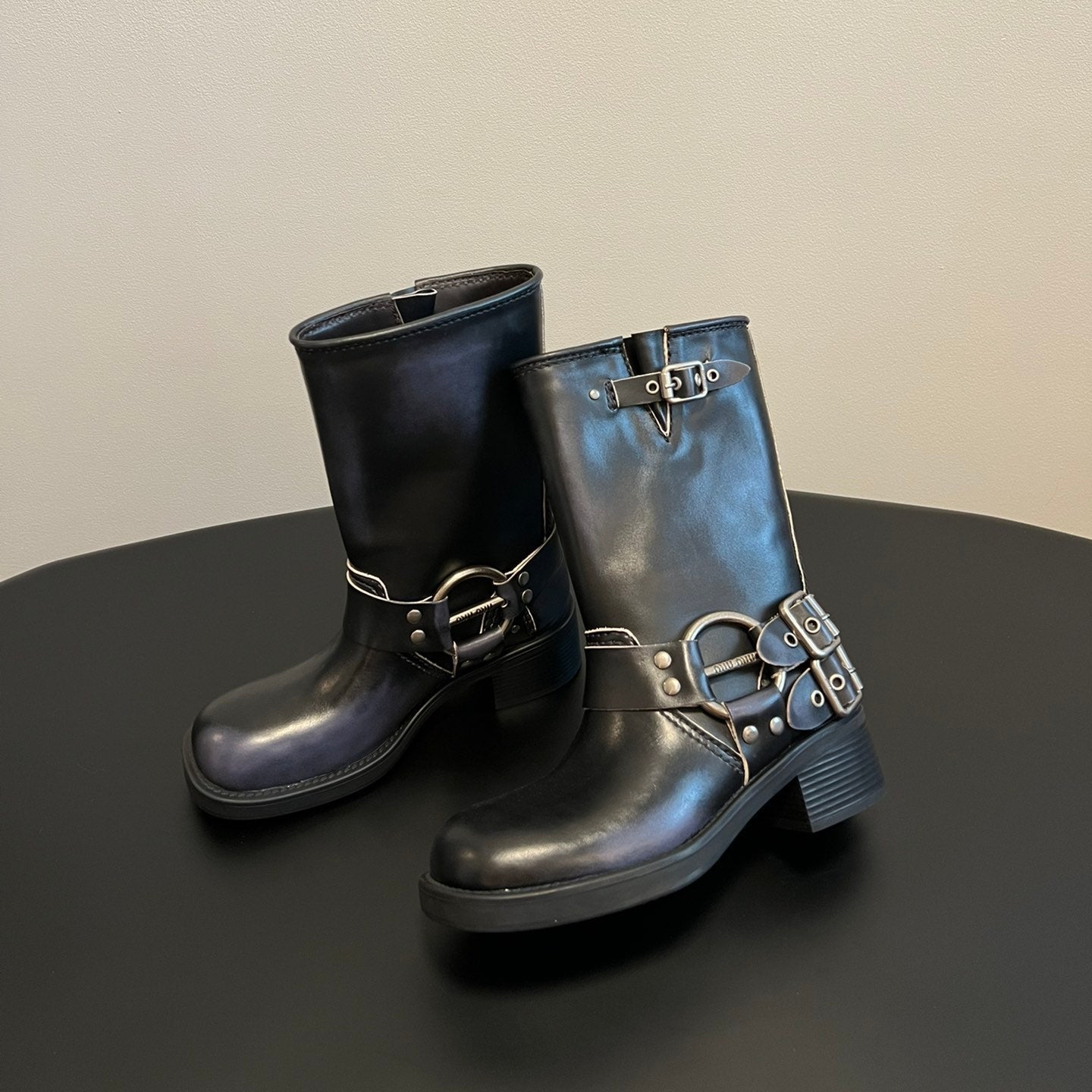 Miu 26s Mid-Calf Boots In Black Calfskin Silver Hardware