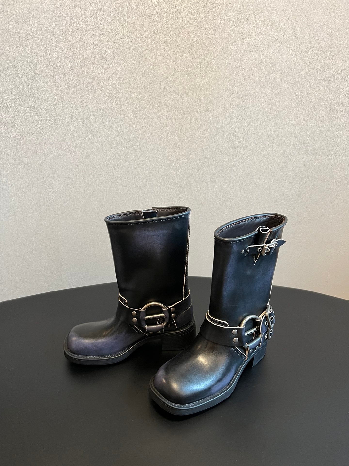 Miu 26s Mid-Calf Boots In Black Calfskin Silver Hardware