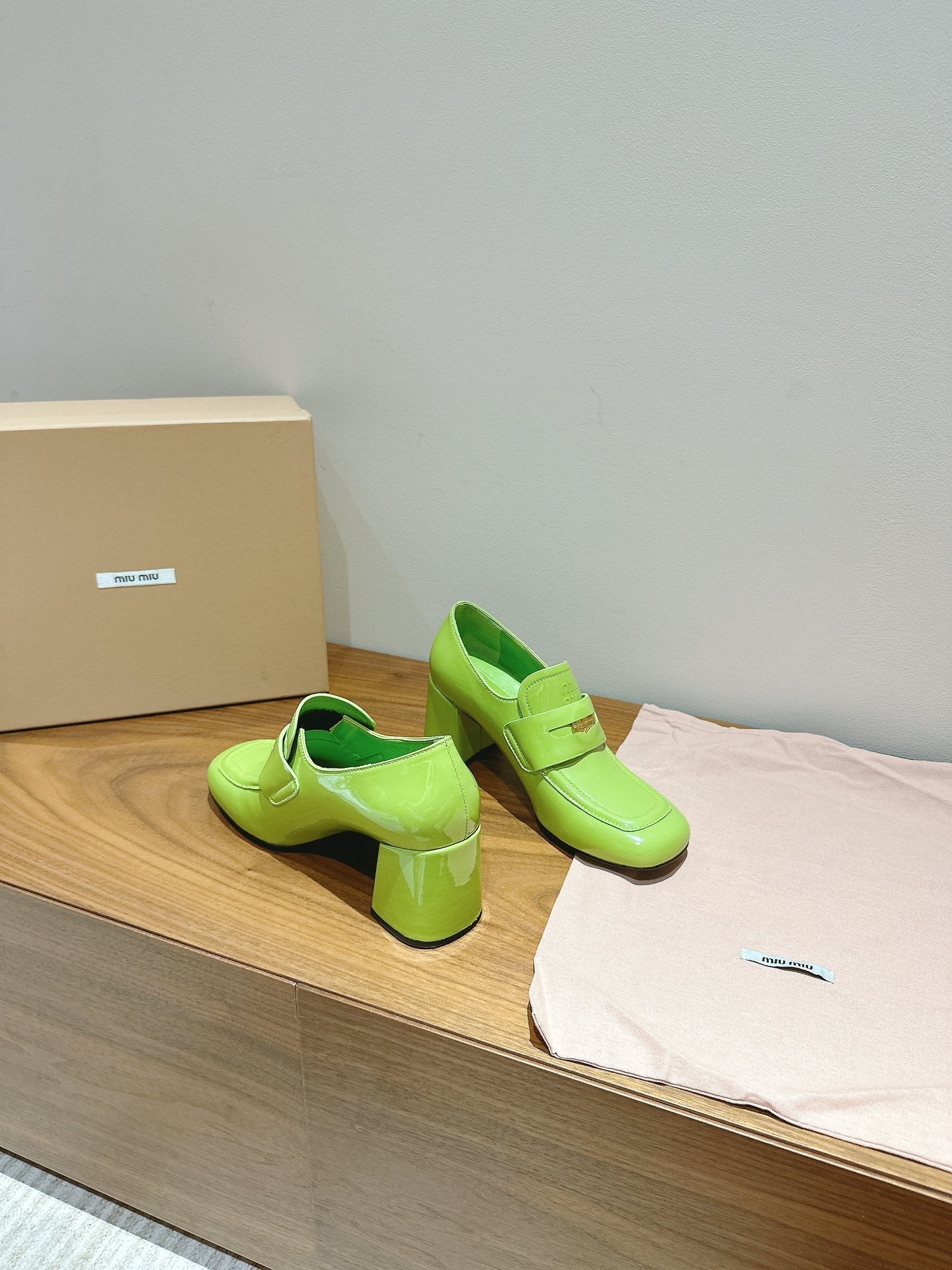 Miu 26s Heel Loafers 75mm In Green Glossy Calfskin Gold Hardware
