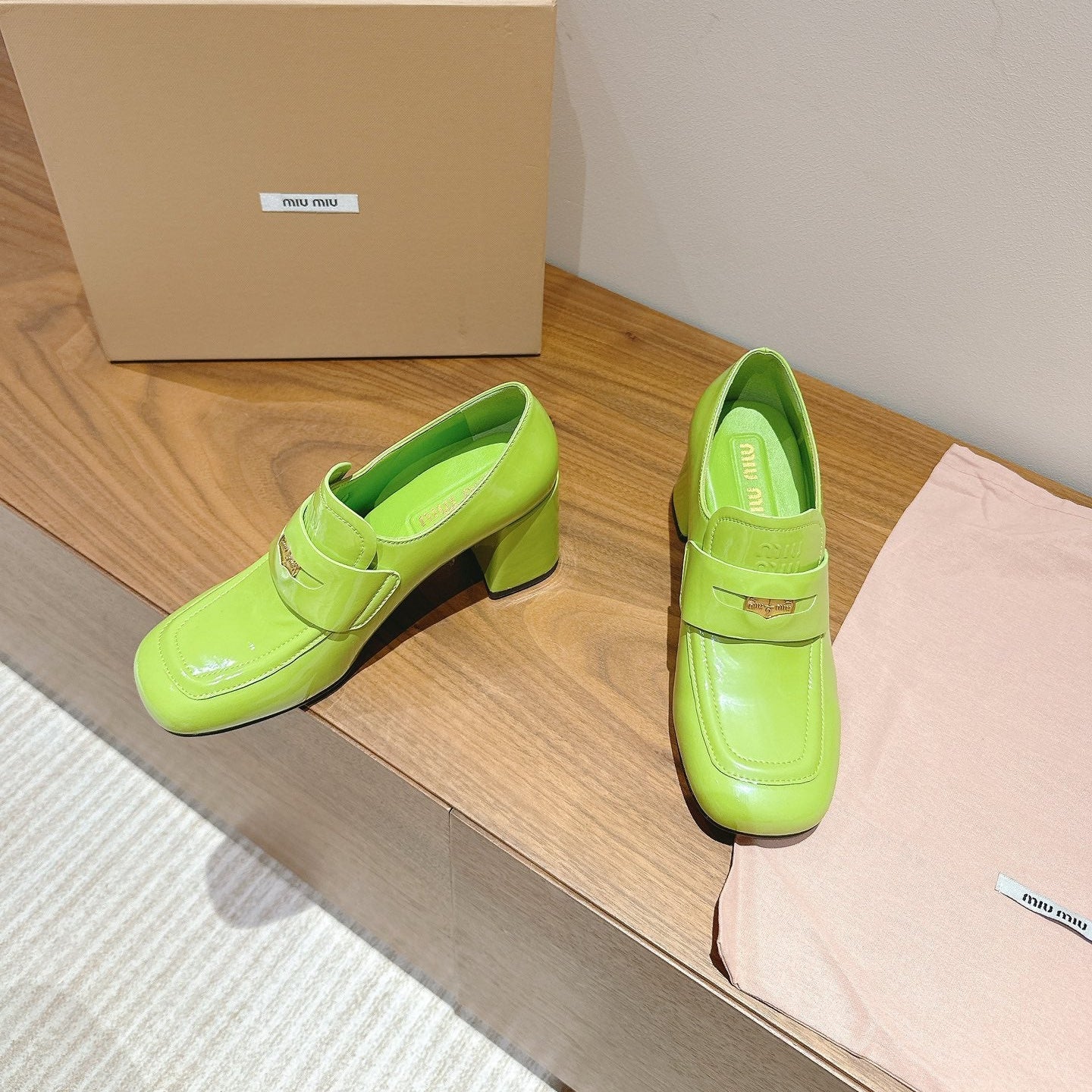 Miu 26s Heel Loafers 75mm In Green Glossy Calfskin Gold Hardware