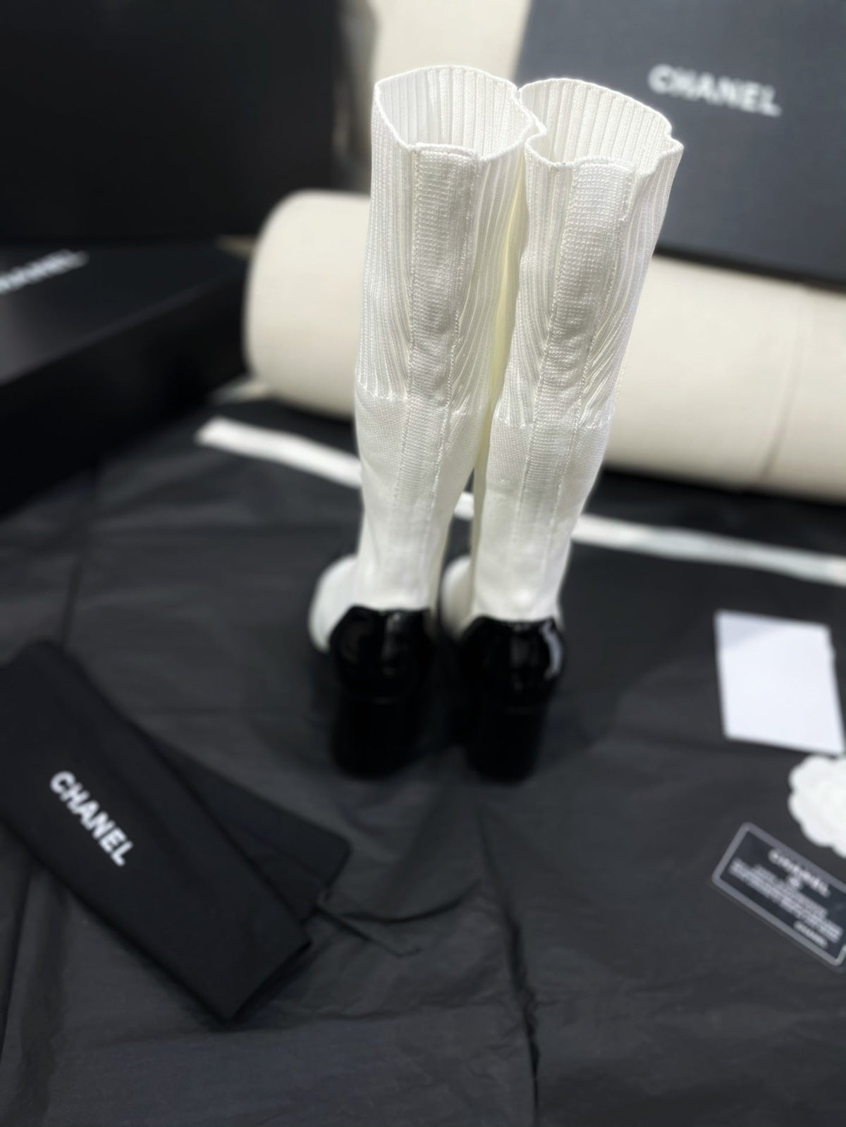 Chanel 26s Sock Boots 8.5cm White Black Knit Patent Leather 156616