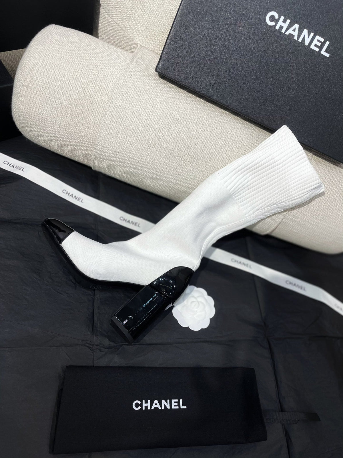 Chanel 26s Sock Boots 8.5cm White Black Knit Patent Leather 156616