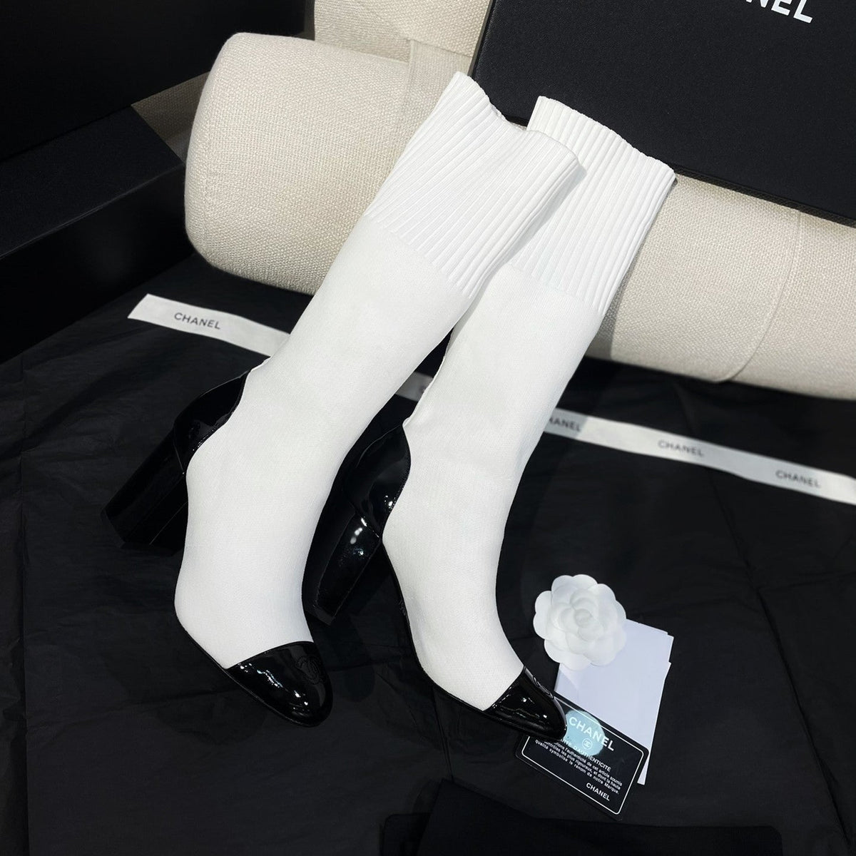 Chanel 26s Sock Boots 8.5cm White Black Knit Patent Leather 156616