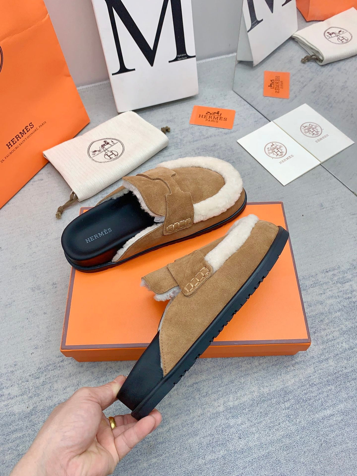 HM 26s Go Mules Tan Suede Shearling 160888
