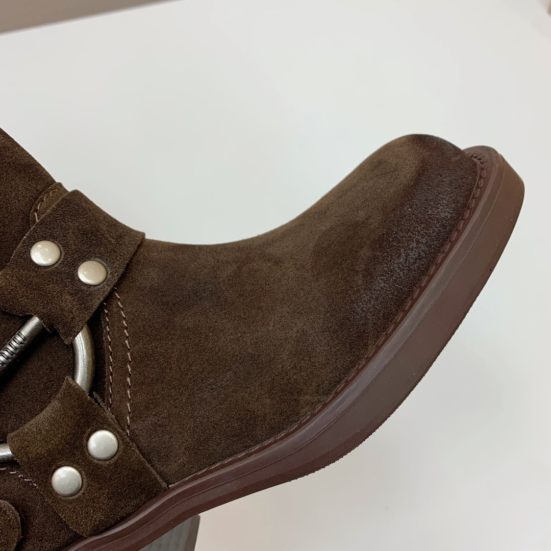 Miu Miu Biker Retro-Style Long Boots Brown Suede 535201