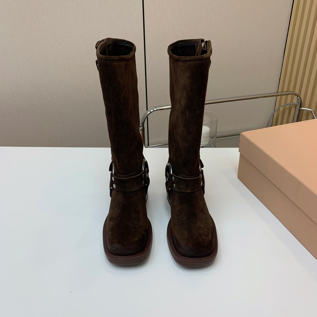 Miu Miu Biker Retro-Style Long Boots Brown Suede 535201
