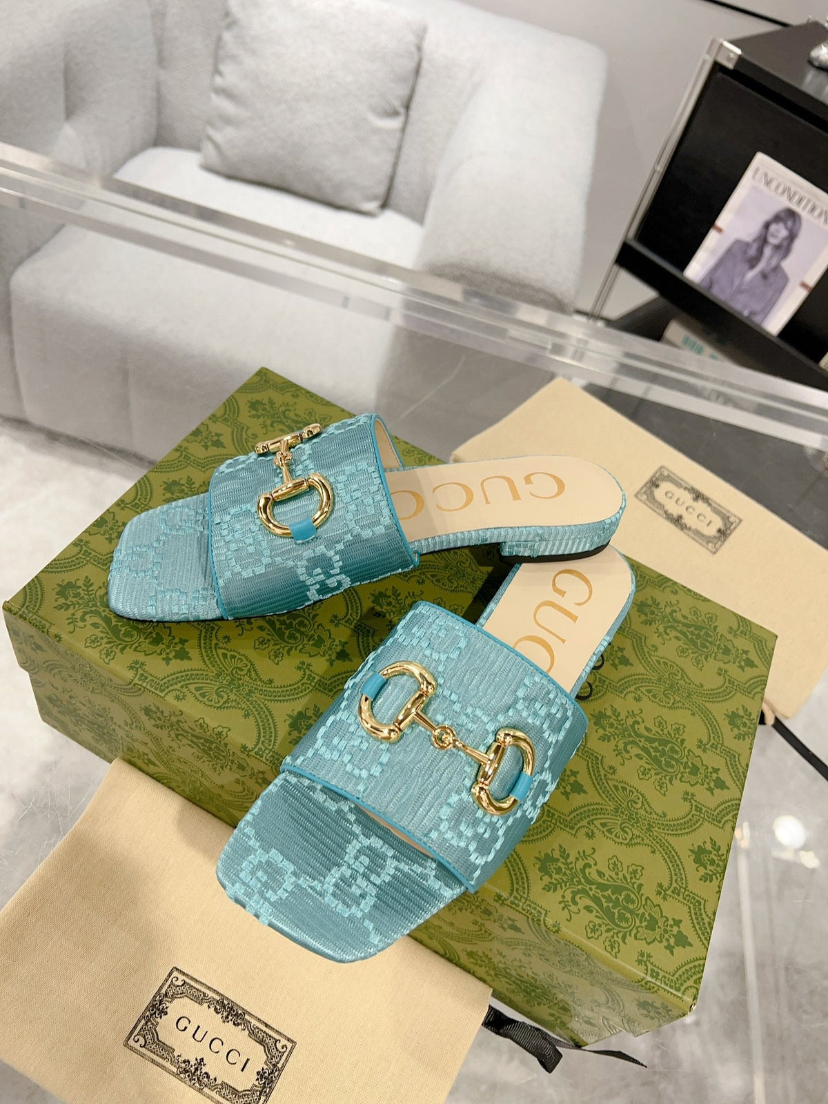 GG 26s Chunky Slide Sandal Blue Sky Calfskin