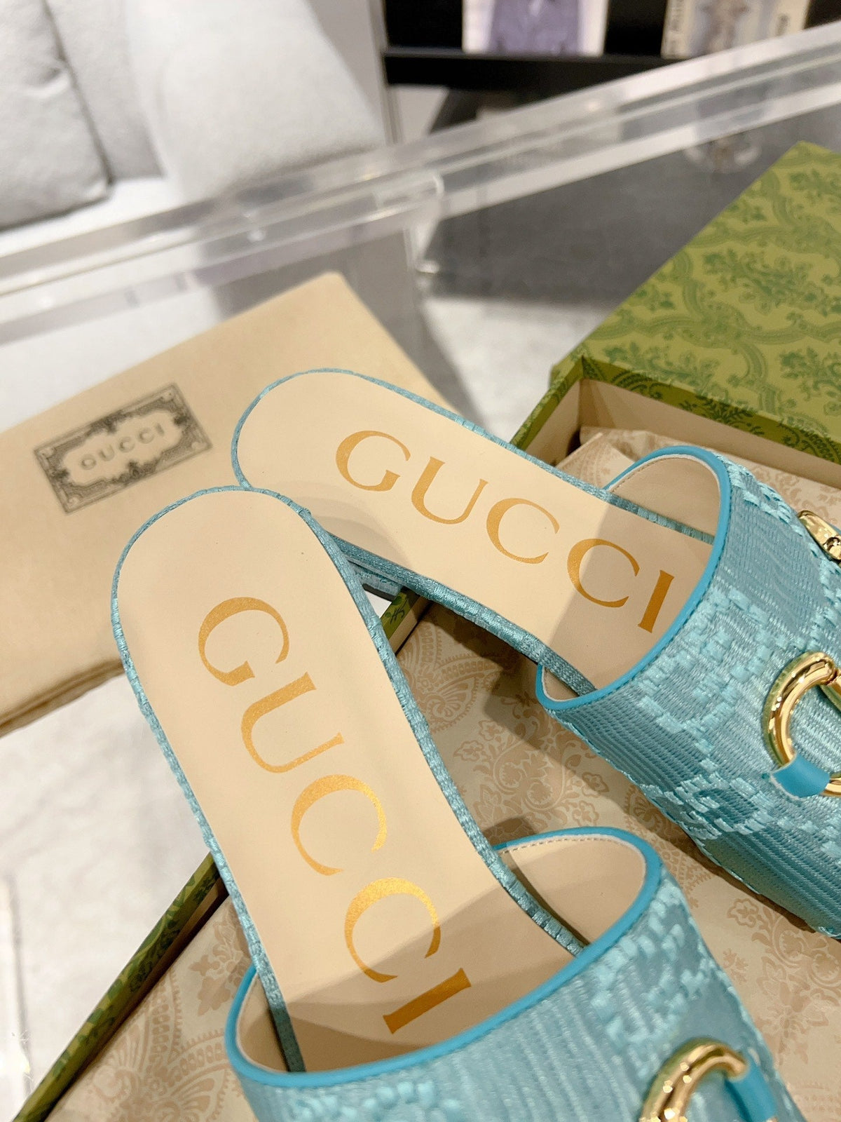 GG 26s Chunky Slide Sandal Blue Sky Calfskin
