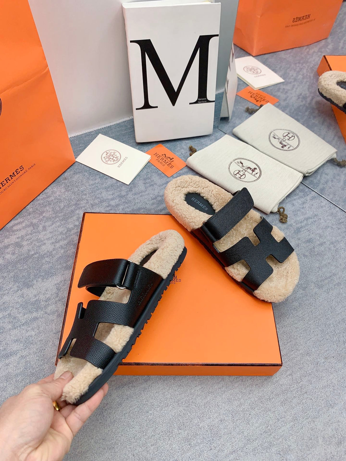 HM 26s Chypre Sandals Black Caviar Leather Shearling 160901
