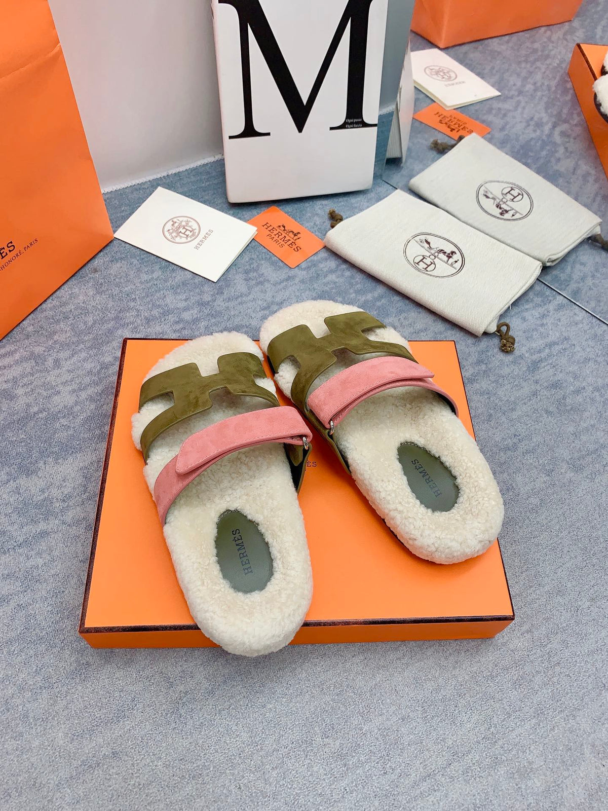 HM 26s Chypre Sandals Vert Toundra Rose Suede Shearling 160906