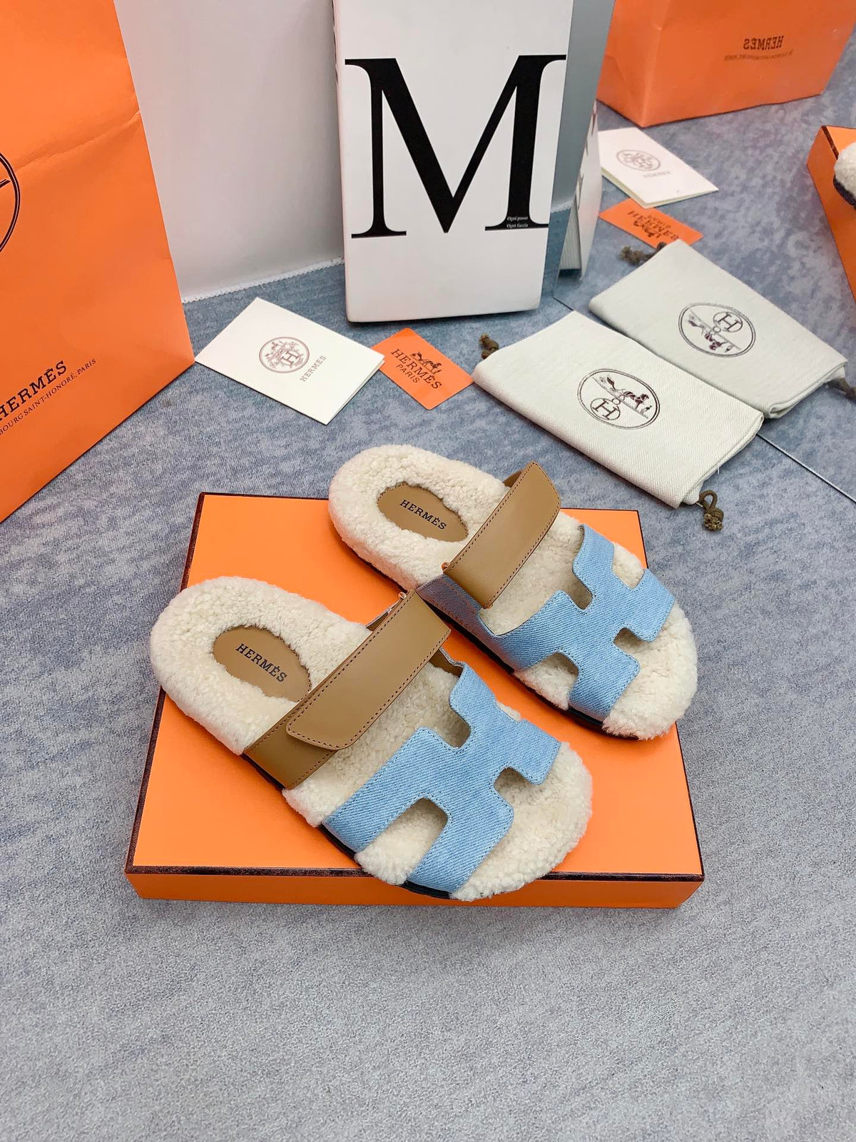 HM 26s Chypre Sandals Blue Denim Leather Shearling 160914