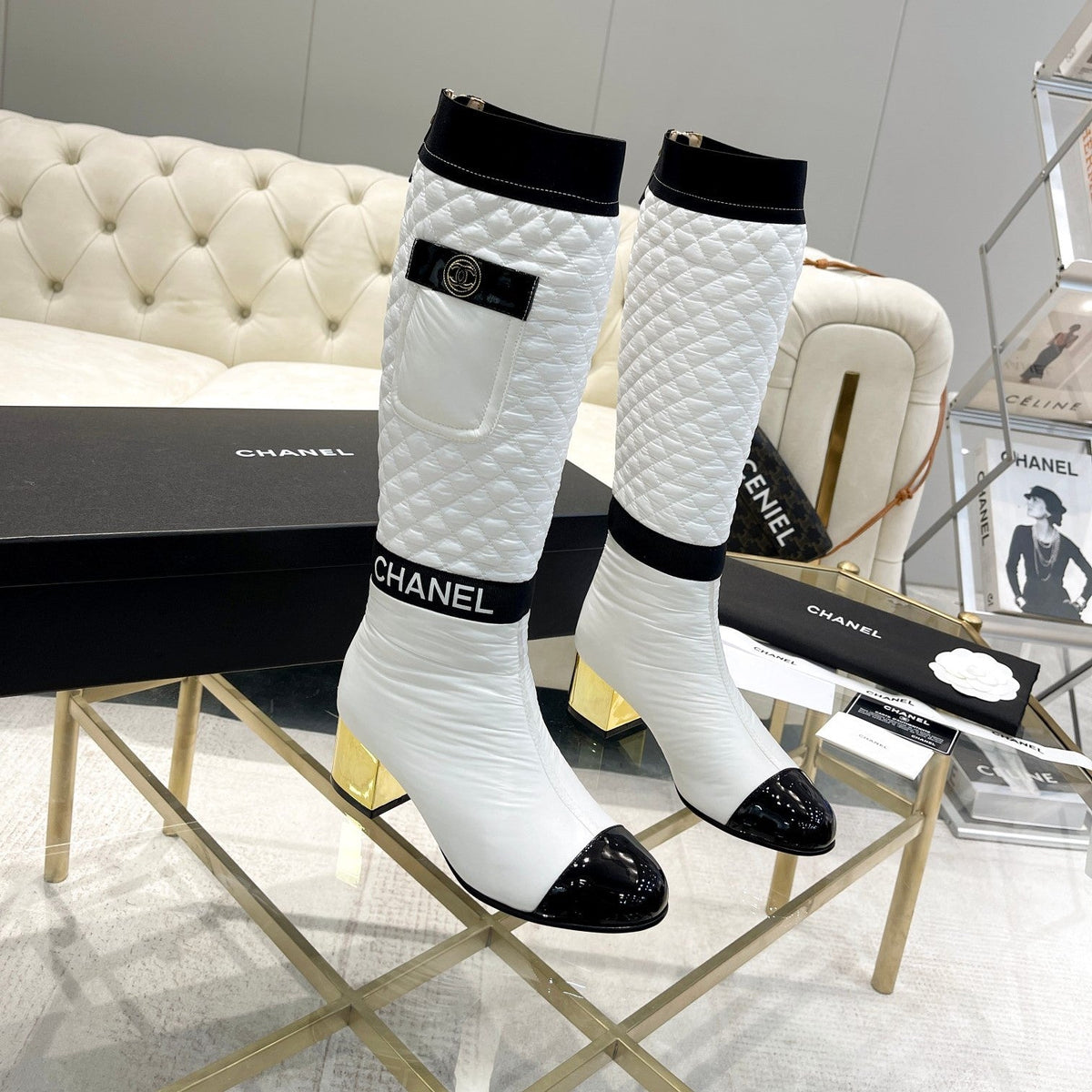 CC 26S Pocket Quilted Jumping Boots 5.5cm White Nylon Fabric 117694