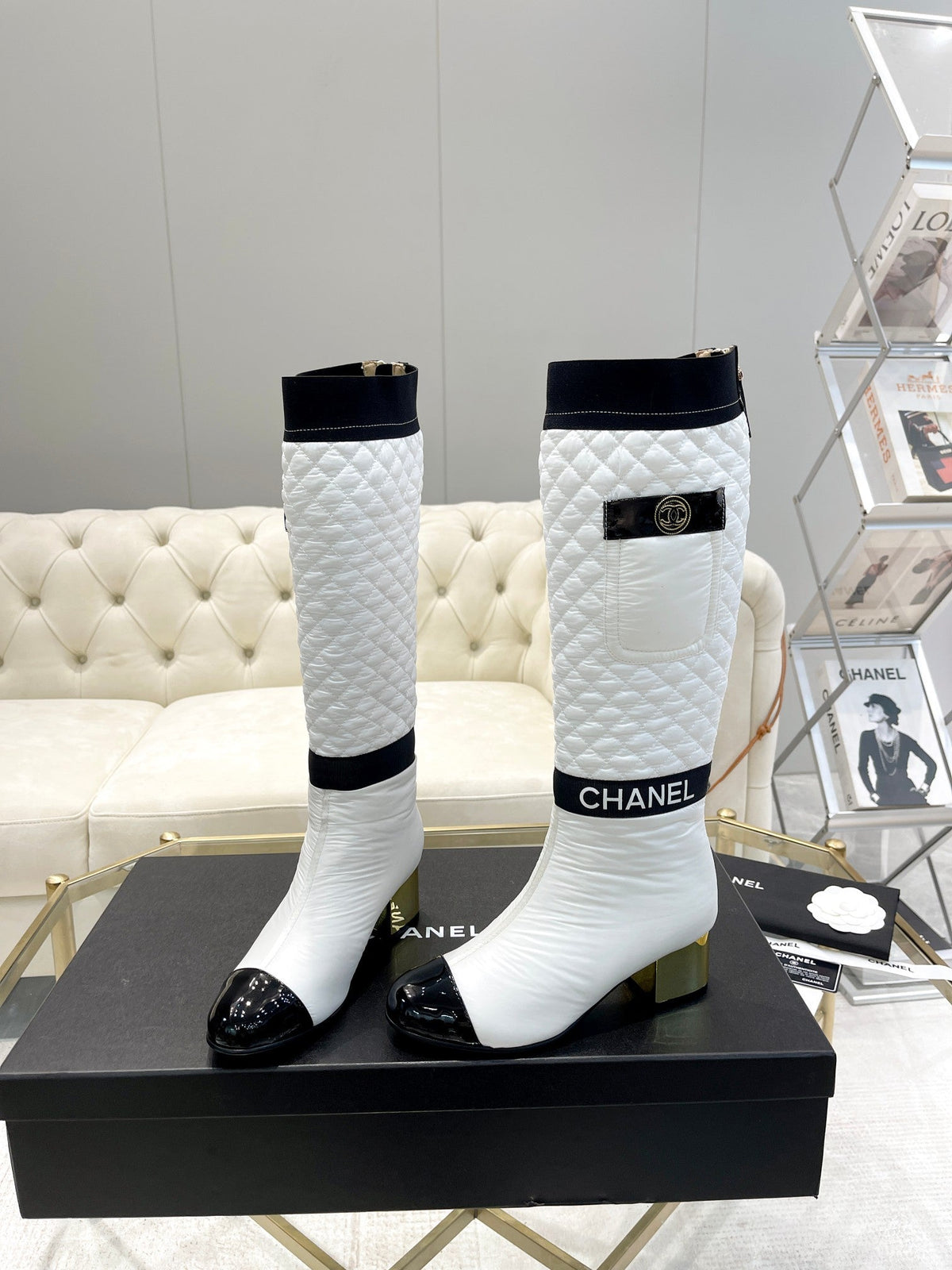 CC 26S Pocket Quilted Jumping Boots 5.5cm White Nylon Fabric 117694